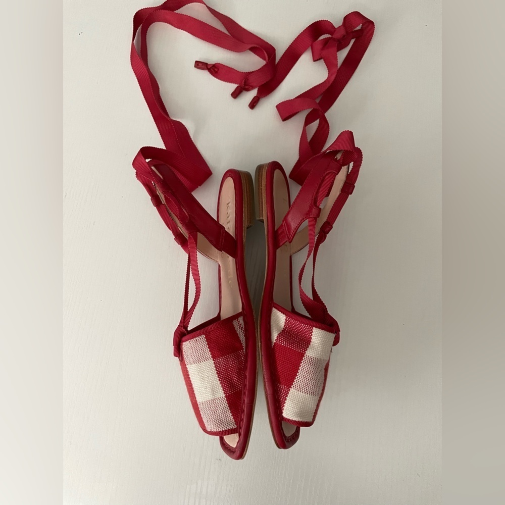 Kate Spade MAGGIE GINGHAM ANKLE WRAP FLAT SANDALS IN GINGHAM LAVA FALLS Red 6 - Picture 6 of 8